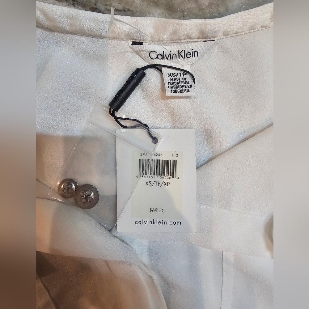 "NWT Calvin Klein White Blouse XS Petite Button Front Roll Tab Sleeve Career Top